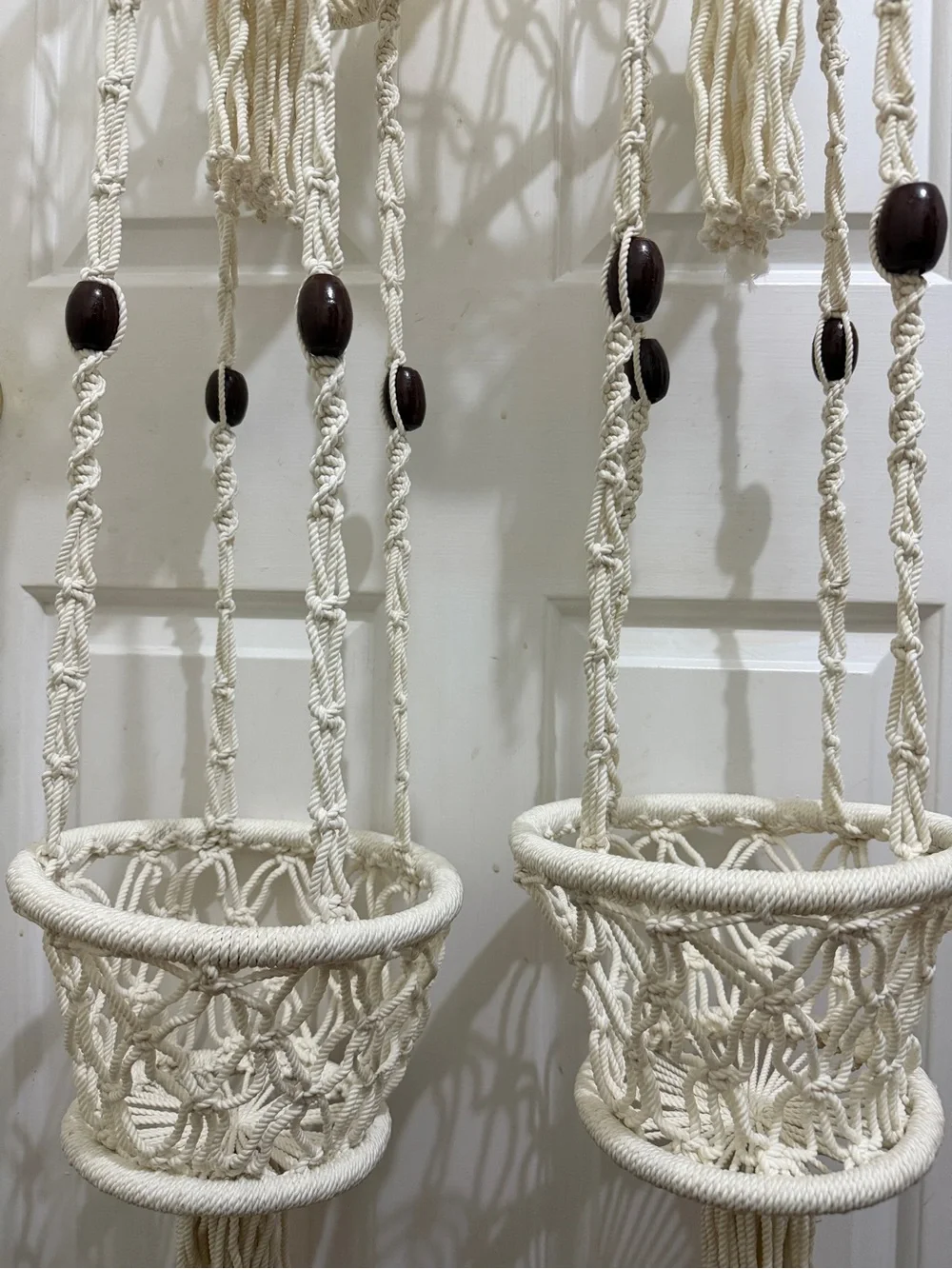 2 Vtg Macramé Hanging Planters 2 tier Pot Holders Cream Rope/Wood Beads, Tassels